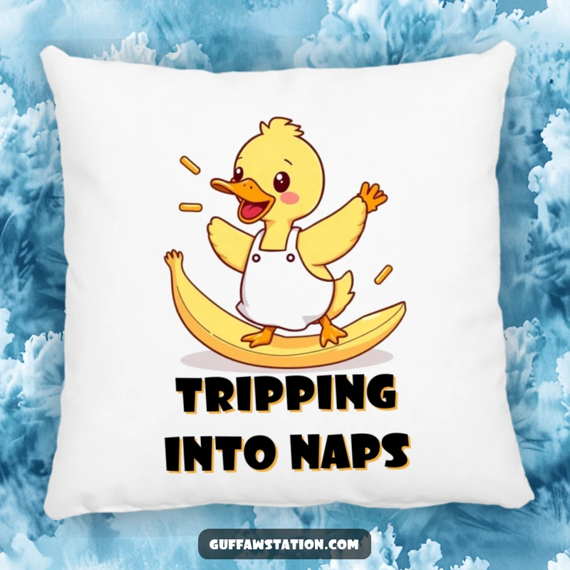Funny Duck Pillow: A duck in an apron tripping and flinging fries, offering cozy comfort and funny chaos.