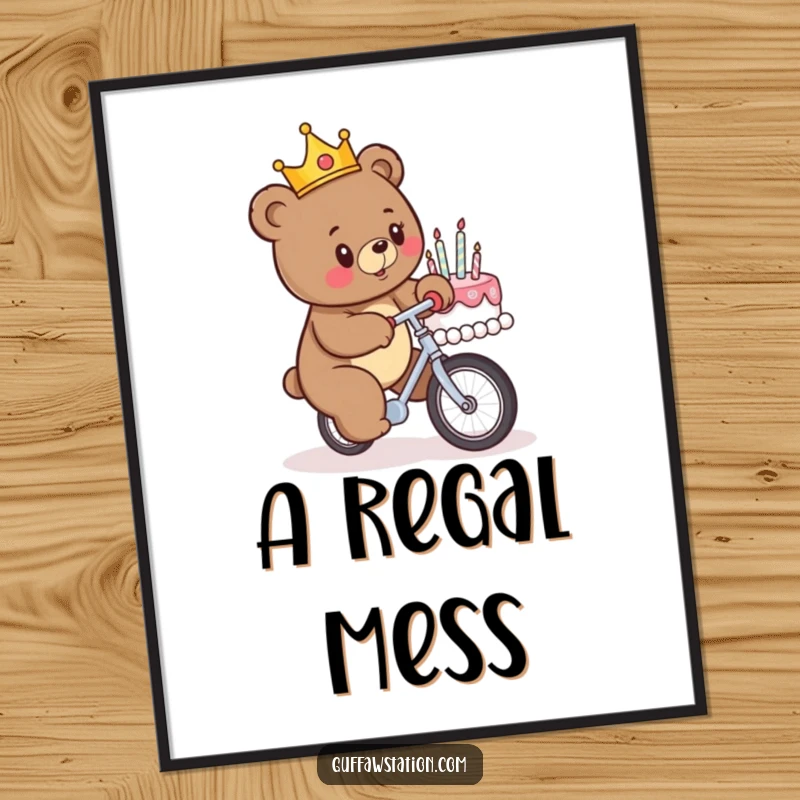 Funny digital art print of a crowned bear riding a unicycle into a birthday cake, capturing a chaotic and humorous celebration moment.