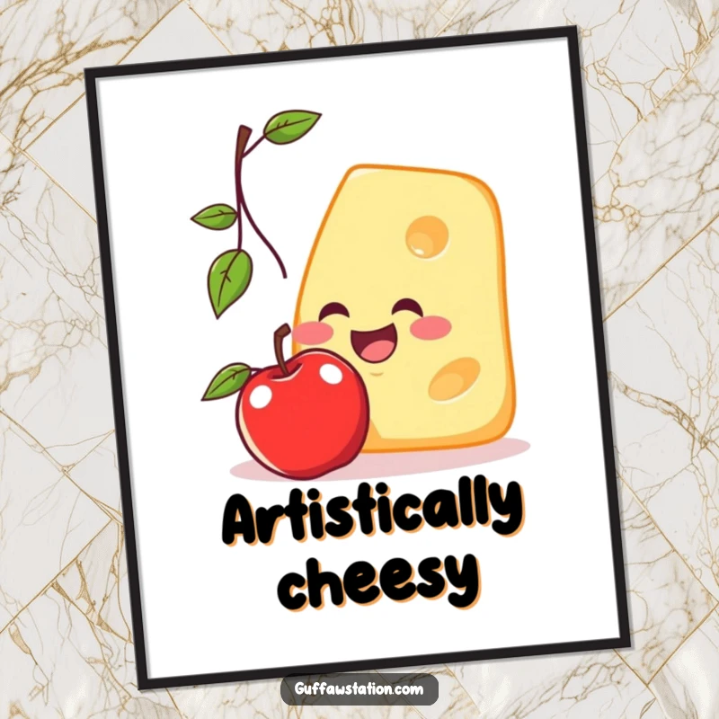 Funny digital art print of a smiling cheese slice artistically depicted trying to catch a falling apple, full of comedic energy.