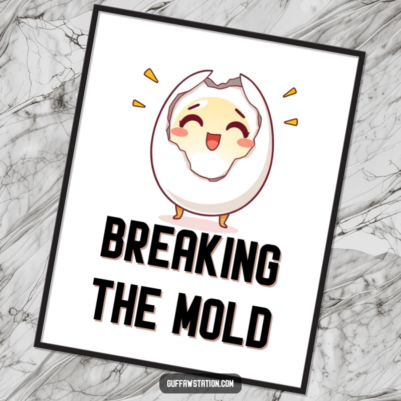 Funny digital art print of a startled egg character cracking open with a shocked and joyful expression, ready for instant humorous display.