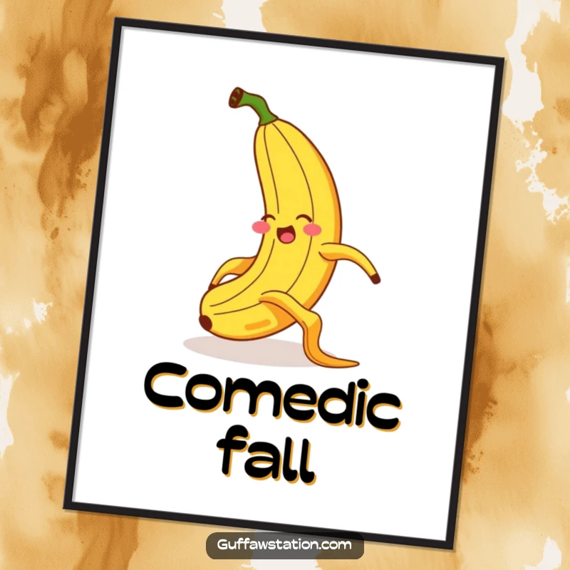 Funny digital art print of a giggling banana in a spectacular, exaggerated slip on a banana peel, full of comedic energy and a funny expression.