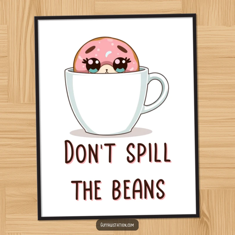 Funny donut digital art print features a wide-eyed, surprised donut hiding behind an oversized coffee cup, full of comical suspense.