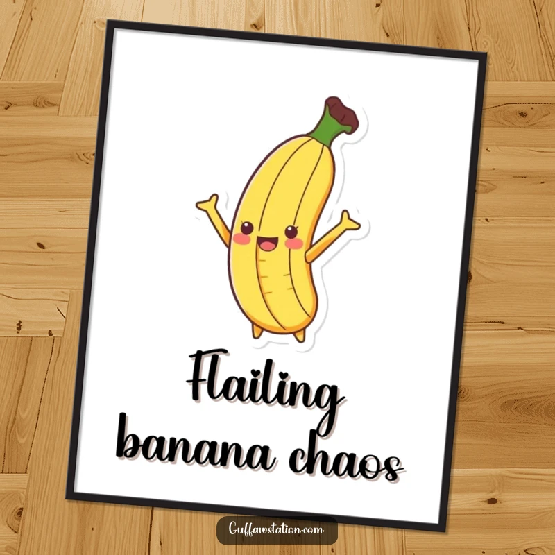 Funny Banana Slip Digital Art Print of a banana dramatically slipping on a peel with arms flailing, offering a humorous and energetic vibe.