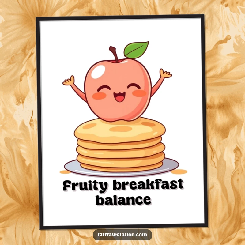 Funny digital art print of a blushing apple balancing on pancakes. High-quality, humorous food illustration for vibrant wall decor.