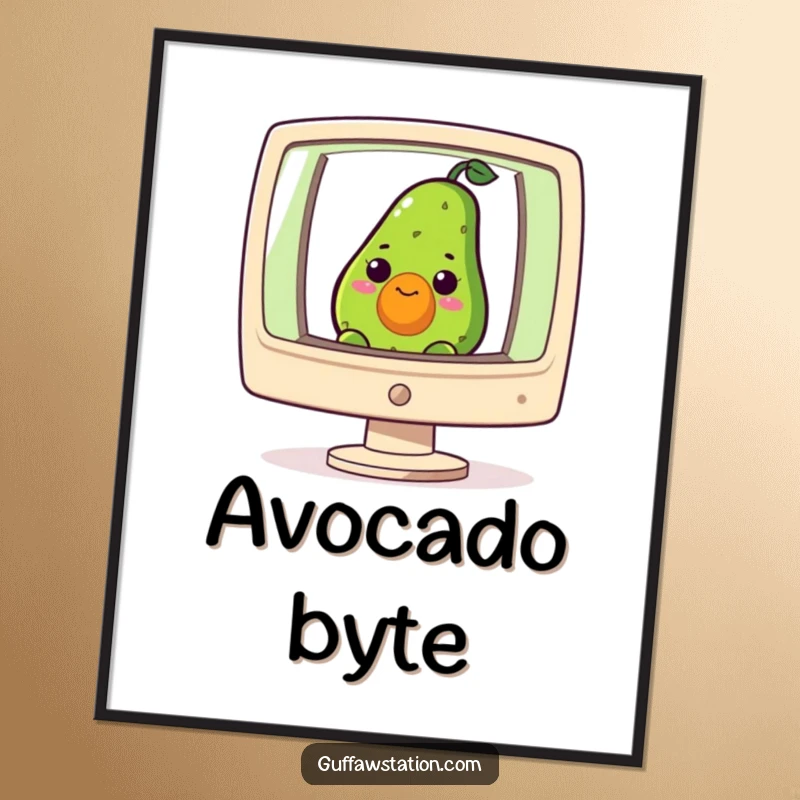 Funny digital art print of a curious avocado peeking from a giant computer screen, perfect for humorous decor.