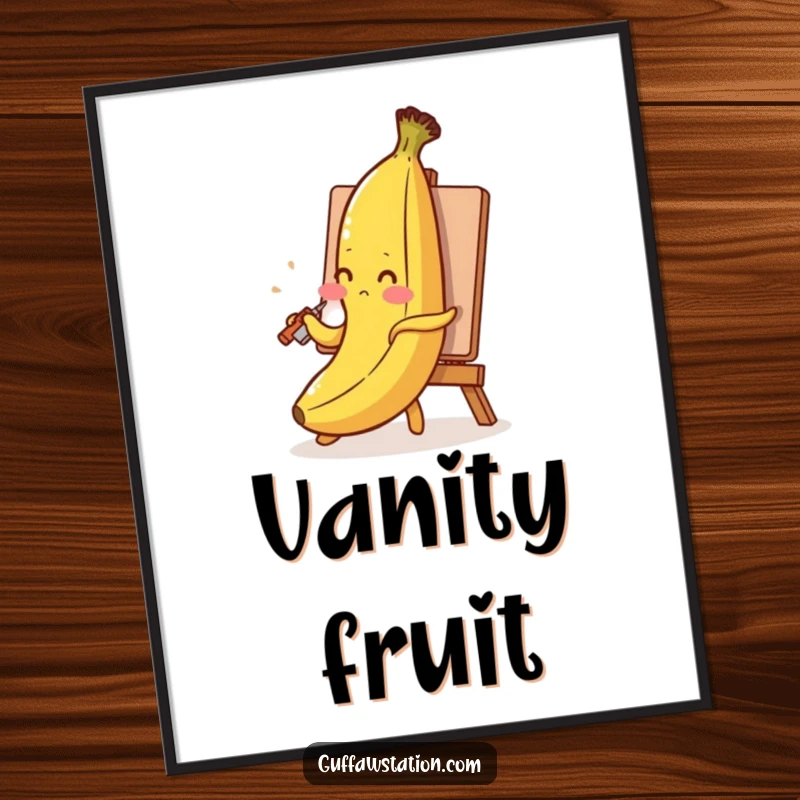 Funny banana digital art print of a blushing banana painting its self-portrait with its peel, whimsical and artistic.