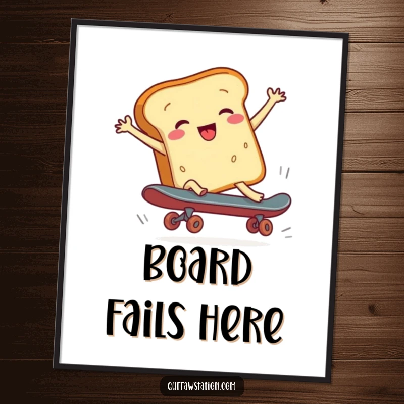 Funny digital art print of a bread loaf falling off a skateboard, a whimsical cartoon illustration to brighten any wall.