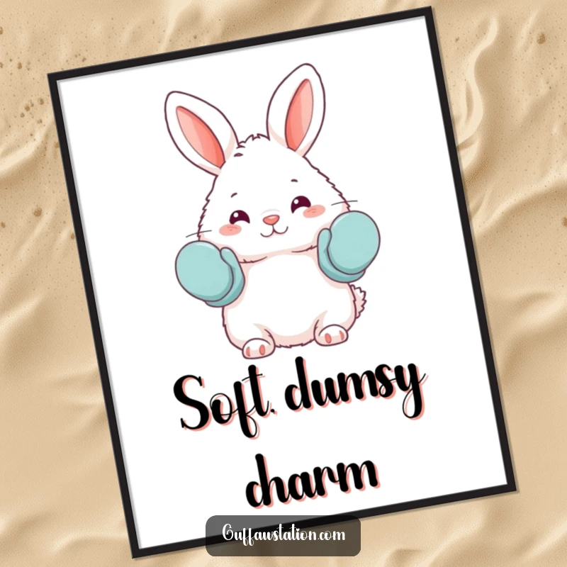 Funny digital art print of a fluffy bunny adorably wearing oven mitts as mittens, capturing a humorous and endearing baking theme.