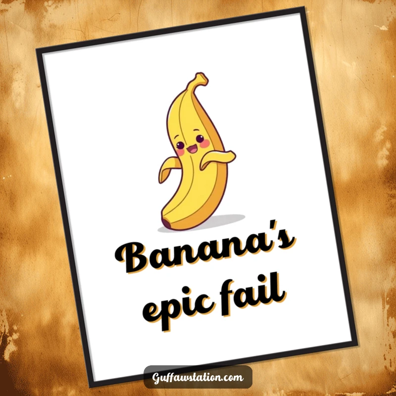 Funny digital art print of a clumsy banana peeling itself and then hilariously slipping on its own peel, classic comedy art.