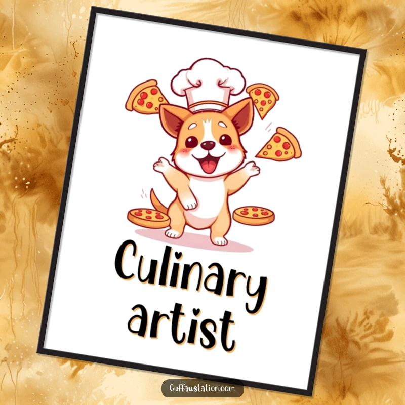 Funny dog chef juggling pizzas as a digital art print, ready to be downloaded and displayed for instant comedic impact.