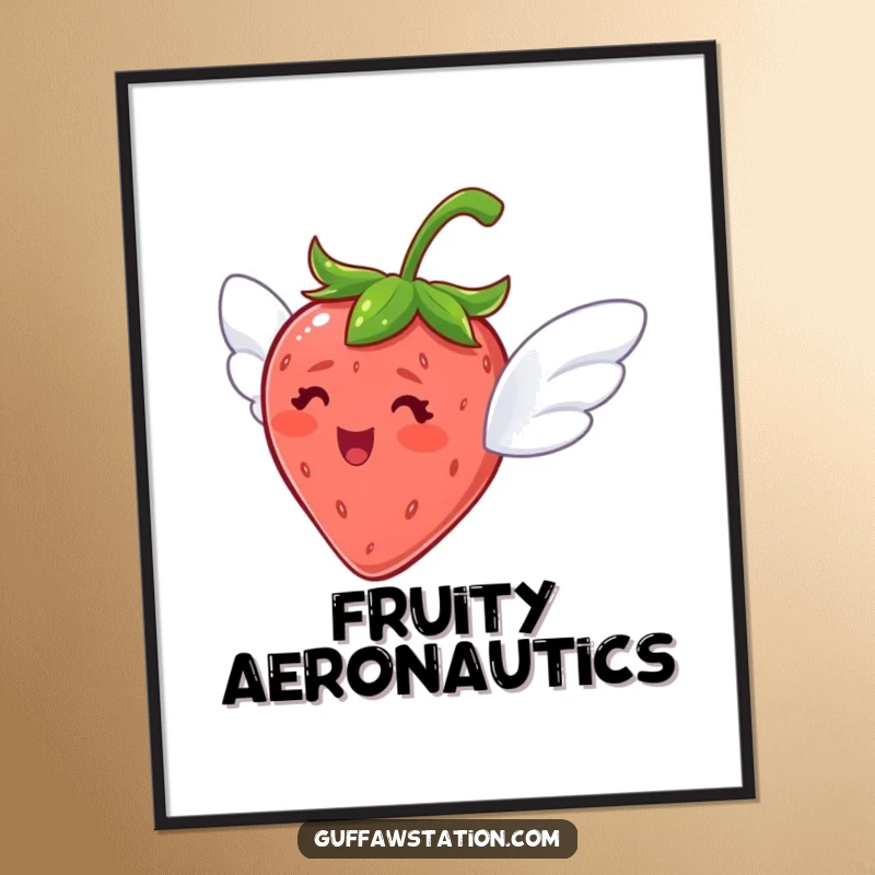 Funny digital art print of a delighted strawberry with tiny wings, looking excited to fly, perfect for printing.