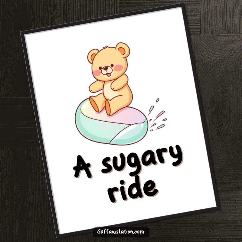 Funny digital art print of a teddy bear joyfully surfing a giant jelly bean, radiating pure, sweet, cartoonish happiness.
