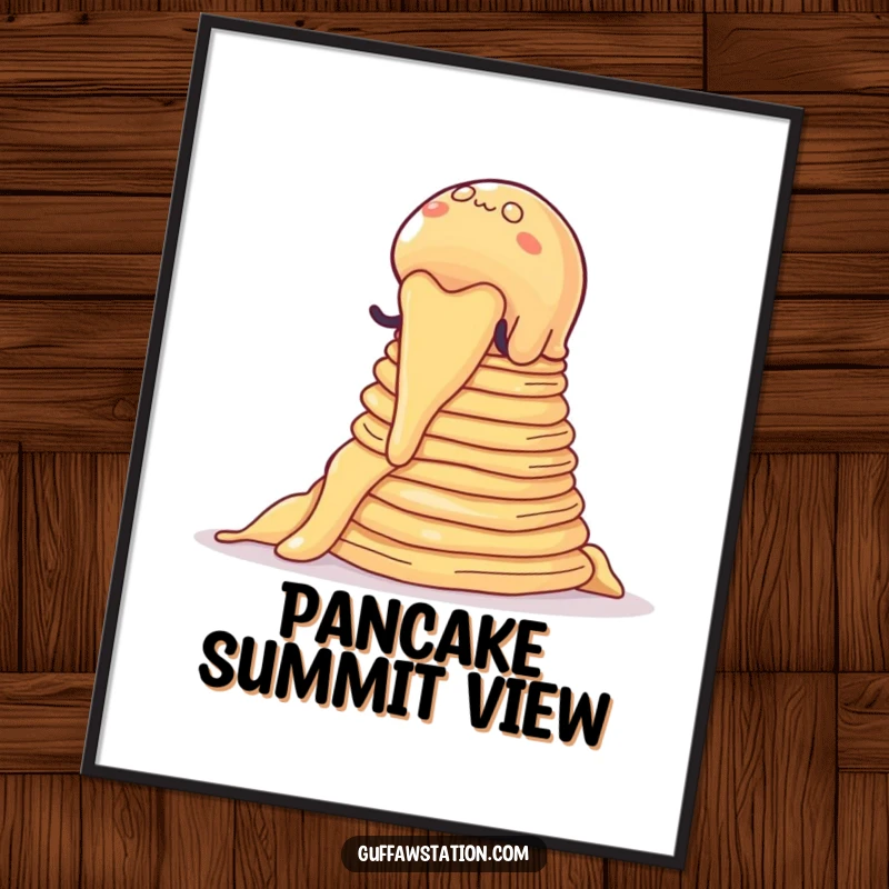 Funny digital art print of a wobbly jelly blob climbing a stack of pancakes, a whimsical cartoon for any room.