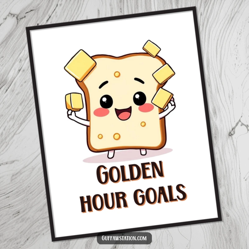 Funny happy toast juggling butter digital art print, a vibrant and humorous illustration for instant decor.