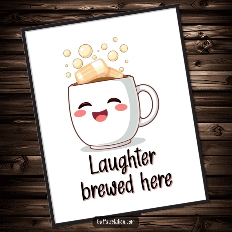 Funny digital art print of a happy coffee cup overflowing with steaming, bubbly laughter, for instant joyful decor.