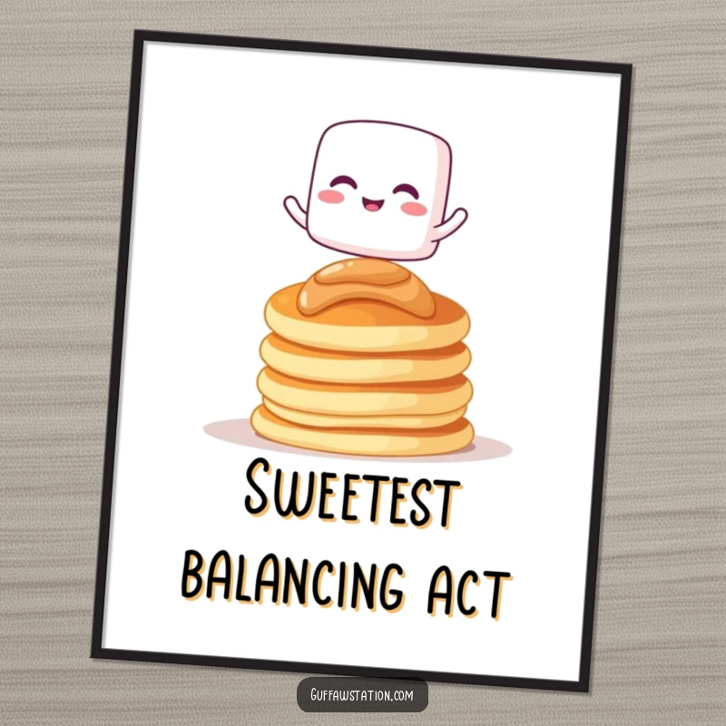 Funny digital art print of a giggling marshmallow character balancing on pancakes, perfect for sweet decor.