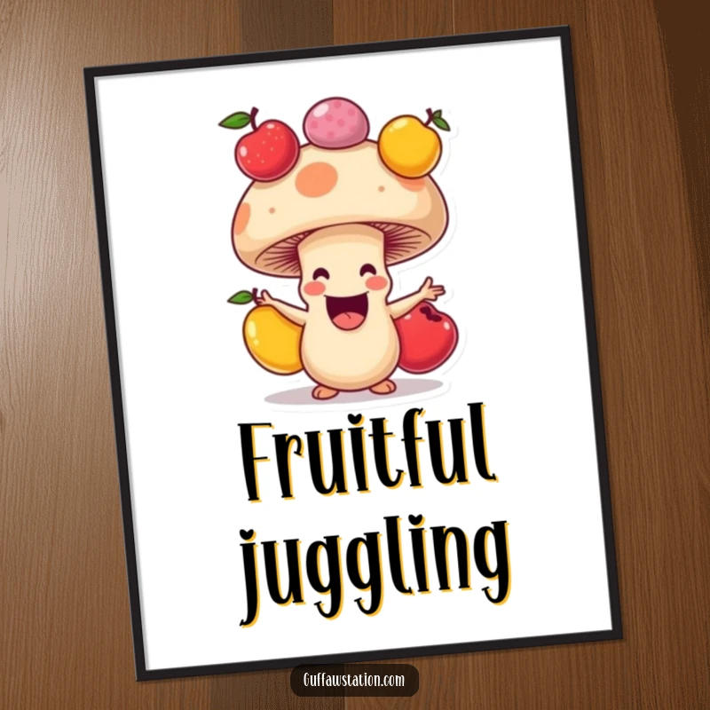Funny digital art print of a happy mushroom juggling colorful fruits, a vibrant cartoon to liven up any room.