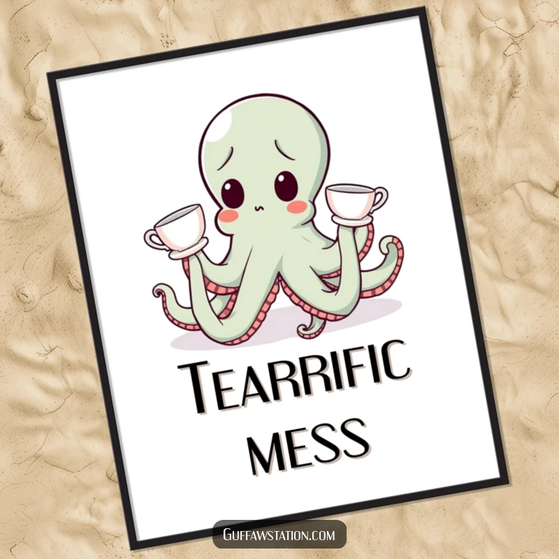 Funny surprised octopus character wearing teacups on tentacles, as humorous funny digital art.