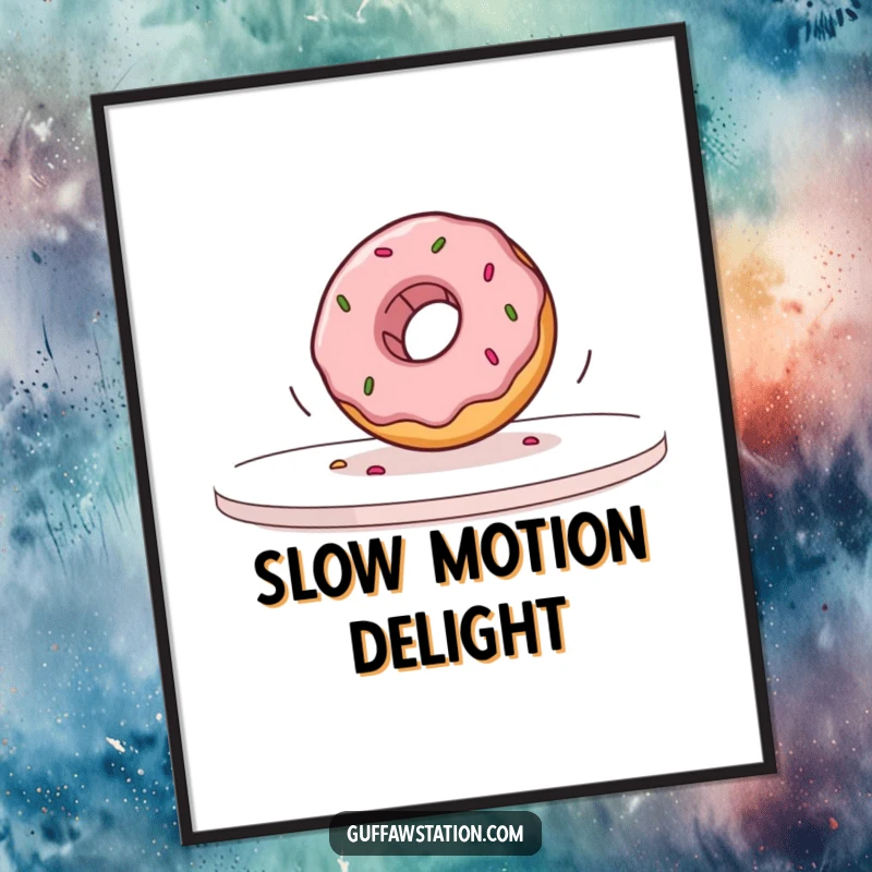 Funny donut rolling off a table in slow motion, high-resolution digital art print, ideal for humorous and sweet wall decor.