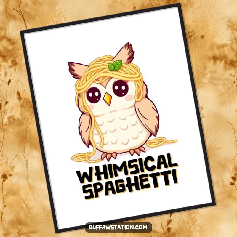 Funny digital art print of a cute owl covered in spaghetti, looking bewildered but happy, capturing a humorous and delightful culinary scene.