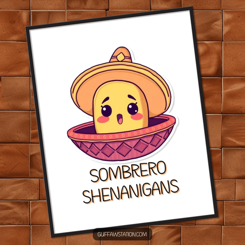 Funny digital art print of a surprised taco head peeking out from a giant sombrero, perfect for printing.