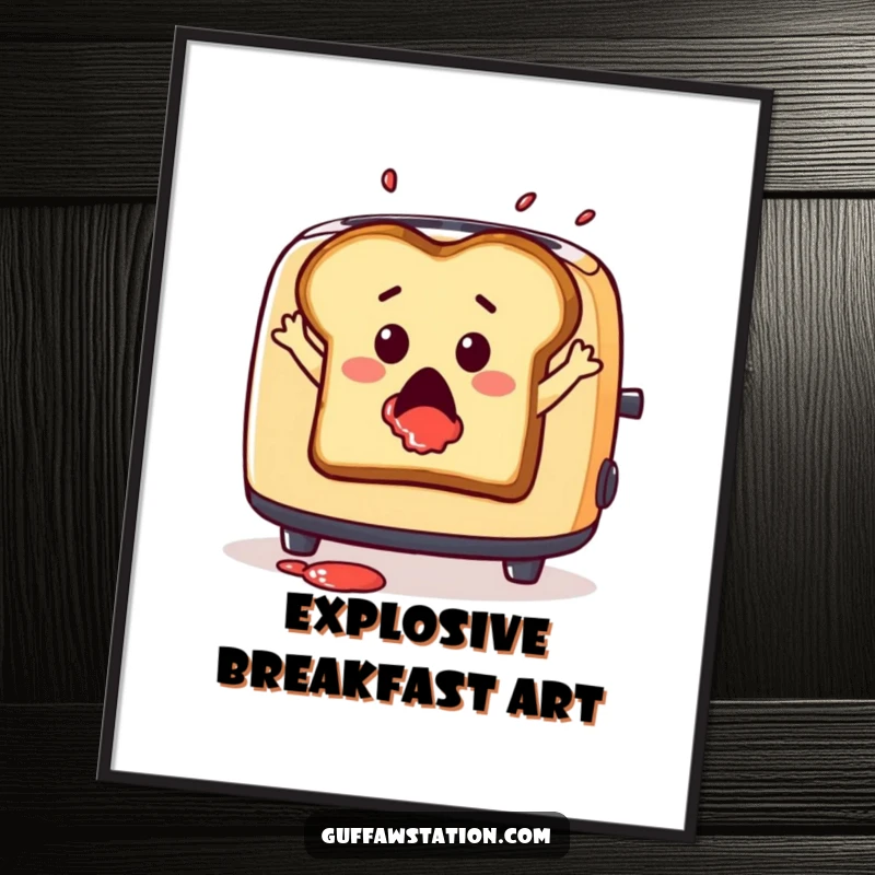 Funny digital art print of a surprised slice of toast leaping from a toaster with jam splatter, for decor.