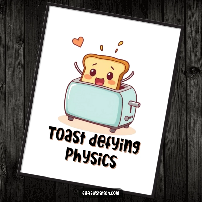 Funny digital art print of a shocked piece of toast popping dramatically out of a toaster and flying through the air, surreal kitchen art.