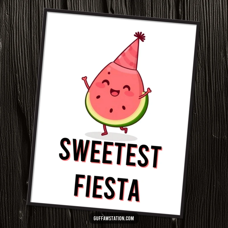Funny watermelon digital art print of a happy slice wearing a party hat and dancing, whimsical and festive.