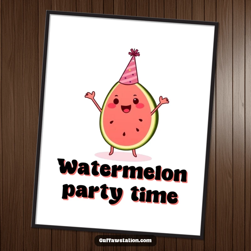 Funny watermelon digital art print features a happy slice dancing with a party hat, embodying pure, infectious joy.
