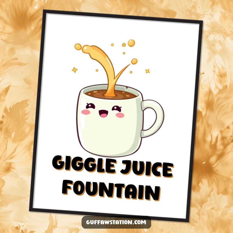 Funny digital art print of a giggling coffee mug spilling an endless stream of sparkling liquid, symbolizing overflowing happiness.