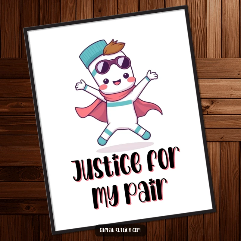 Funny digital art print of a single sock performing a heroic superhero pose, symbolizing courage and uniqueness. High-resolution and humorous.