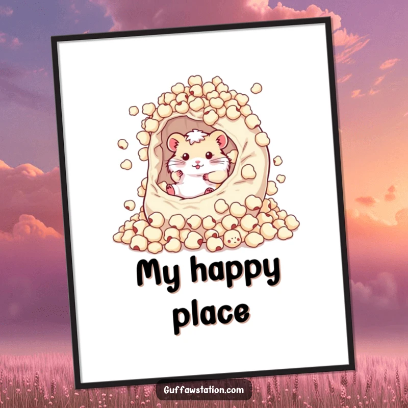 Funny hamster happily immersed in an overflowing bowl of cereal, available as a downloadable digital art print.