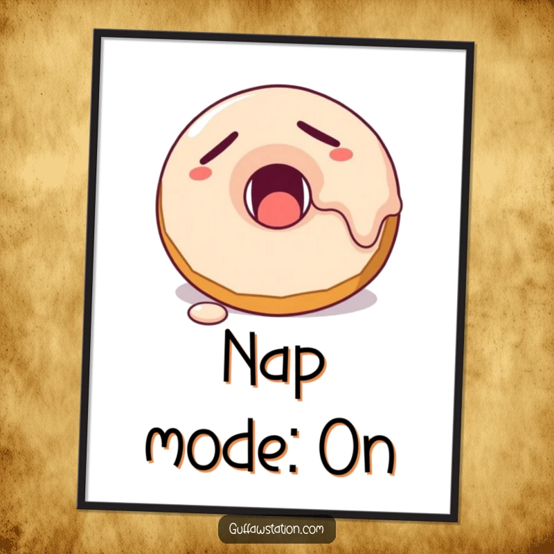 Funny sleepy donut yawning with frosting melting, available as a high-resolution digital art print for instant download.