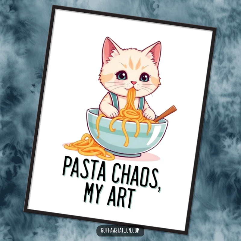 Funny digital art print of a cat in tiny suspenders spilling a huge bowl of spaghetti, perfect for instant messy decor.
