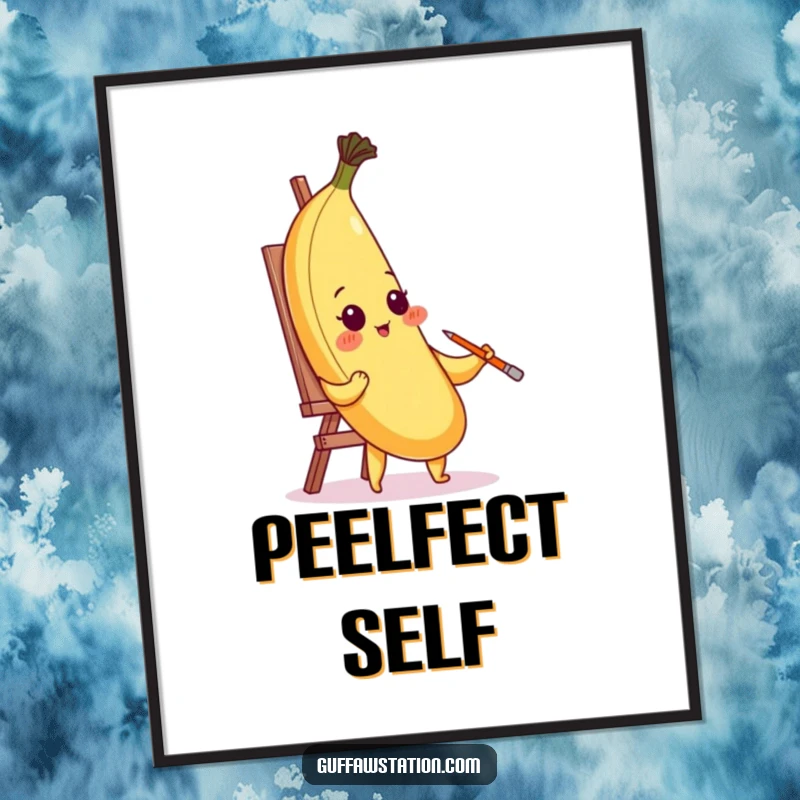Funny digital art print of a blushing banana painting its self-portrait with its peel, perfect for instant artistic humor.
