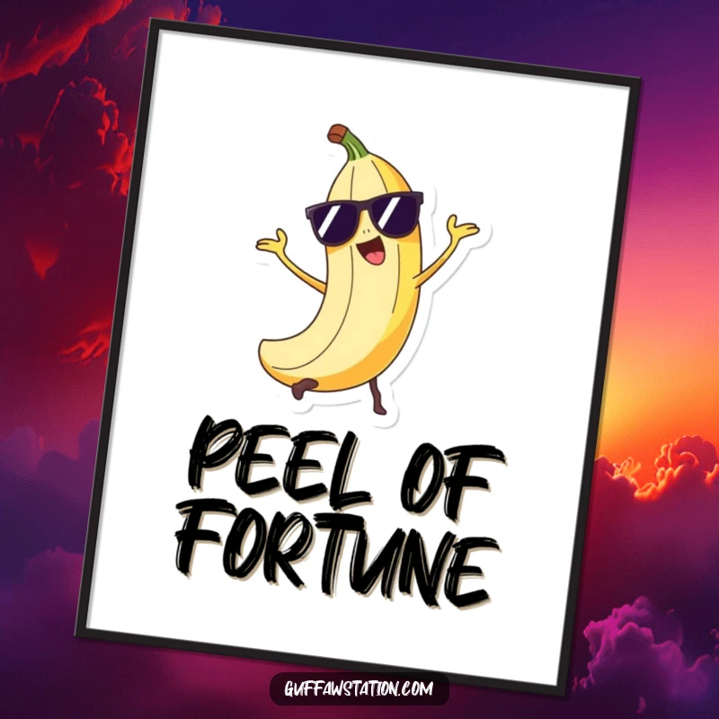 Funny mischievous banana peel character wearing sunglasses, doing a sneaky trick, available as a high-resolution digital art print.