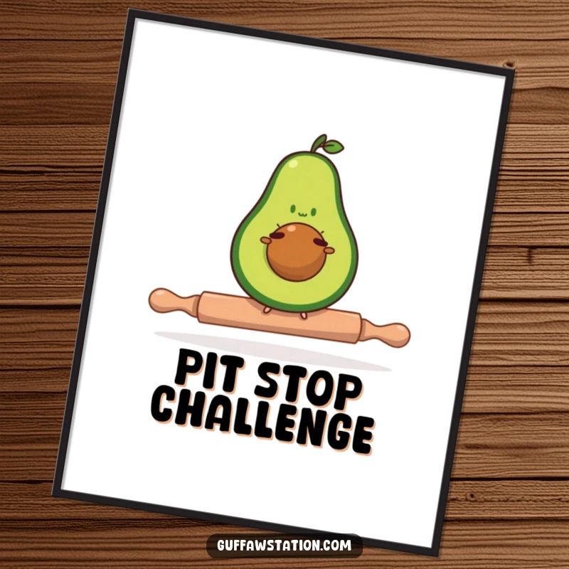 Funny avocado digital art print of a determined avocado balancing on a tiny rolling pin, whimsical and fun.