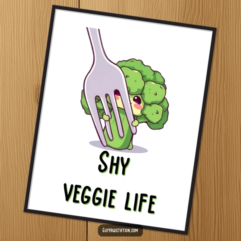 Funny digital art print of a shy broccoli floret character peeking from behind a giant fork, a humorous and endearing piece.