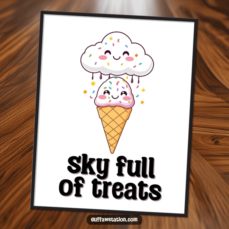 Funny digital art print of a happy cloud raining colorful sprinkles onto a smiling ice cream cone, perfect for joyful decor.