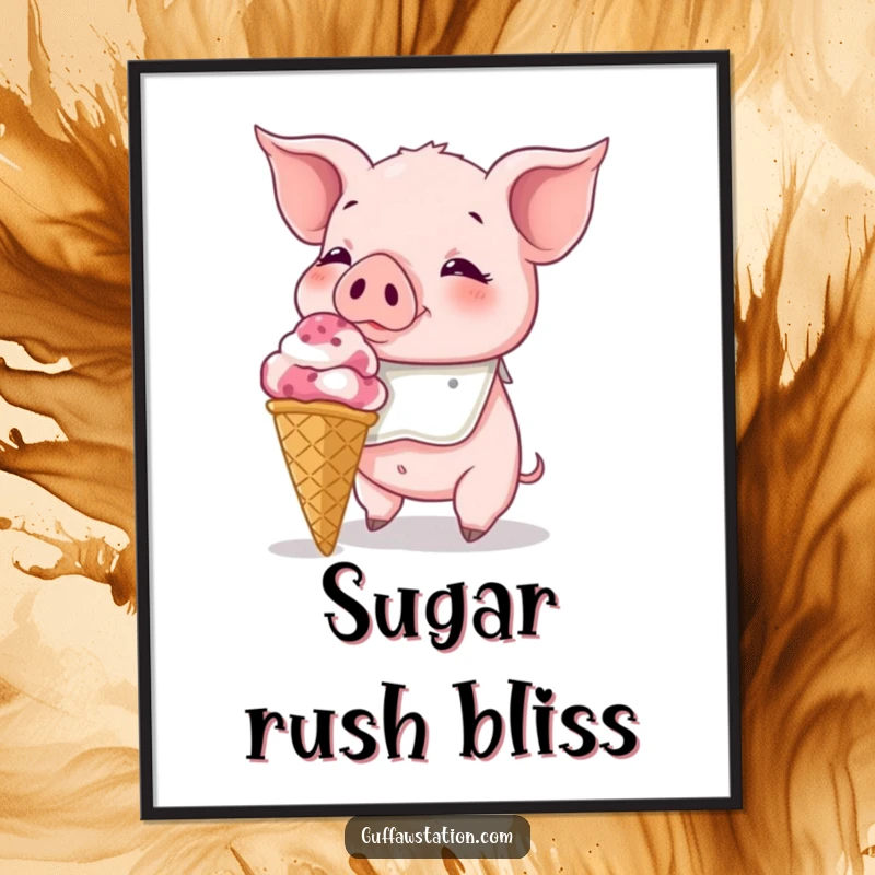 Funny Piglet Digital Art: A bibbed piglet attempting to eat a giant ice cream cone, perfect for sweet, funny decor.