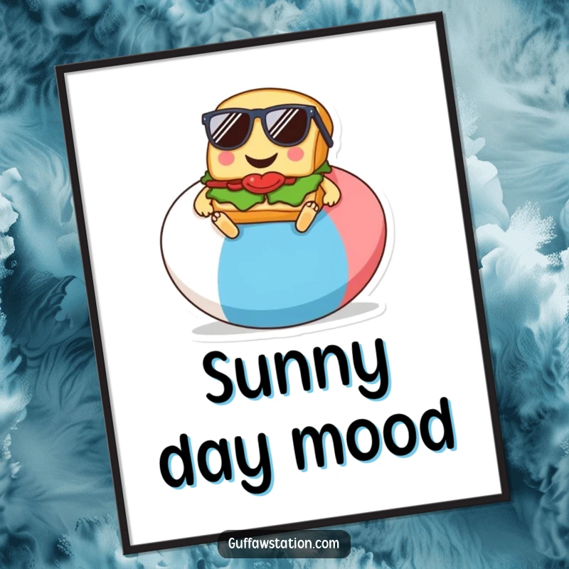 Funny digital art print of a sandwich relaxing on a beach ball, a vibrant cartoon to bring chill vibes.
