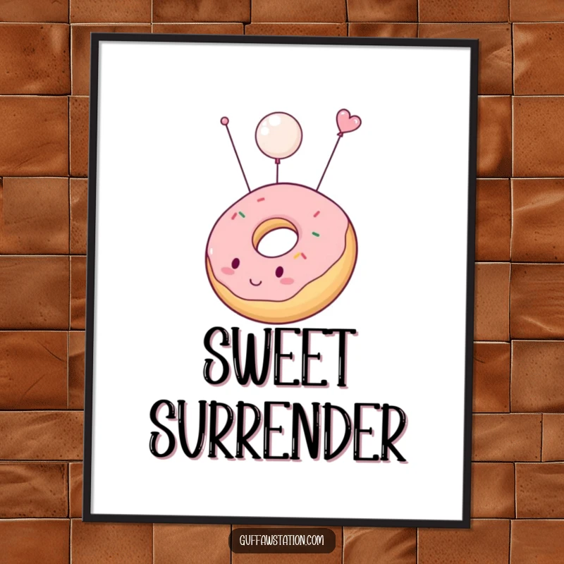 Funny digital art print of a chubby donut inflating and floating upwards, offering whimsical and humorous decor for easy wall art.