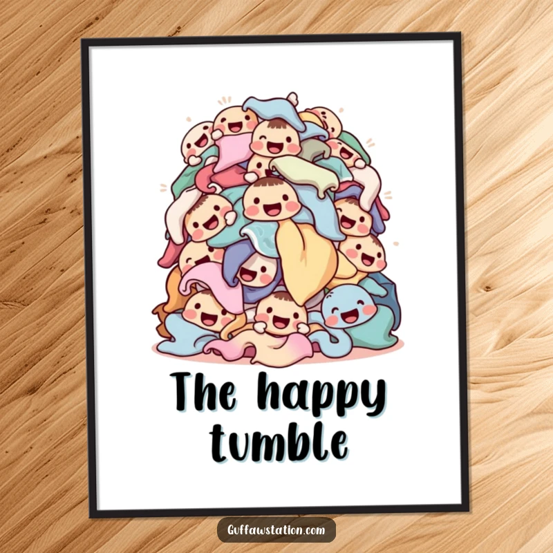 Funny joyous pile of laundry tumbling with happy faces digital art print, ready for instant download and framing, adding cheerful charm.