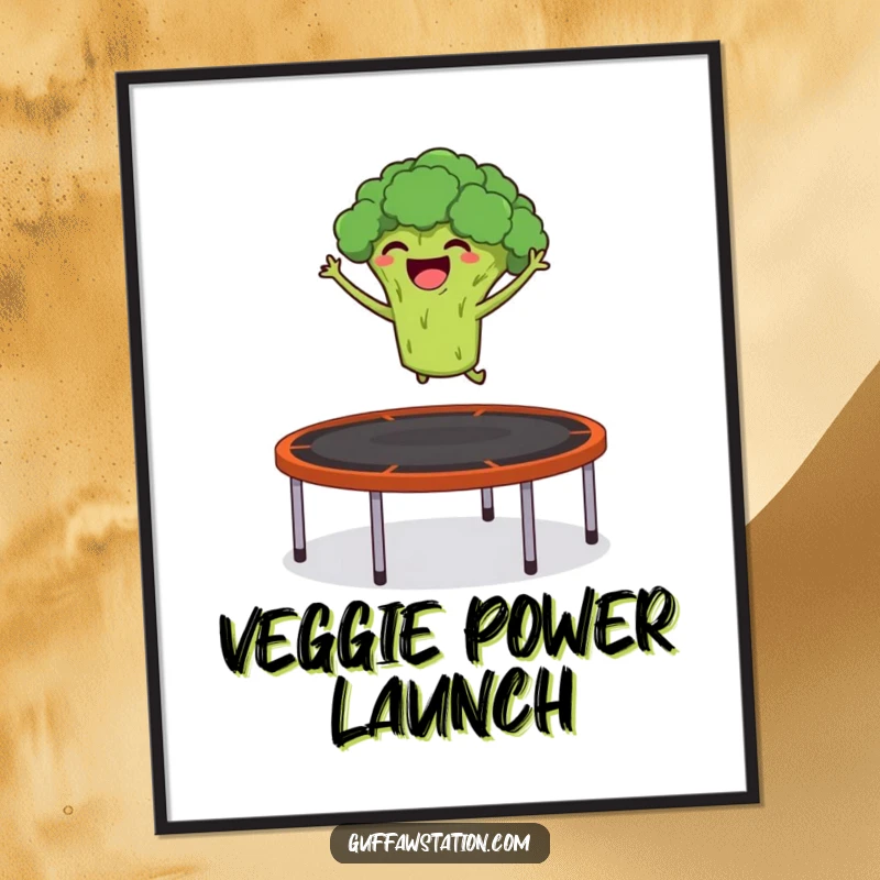 Funny digital art print of a giggling broccoli launching itself from a trampoline into the air, for instant energetic decor.