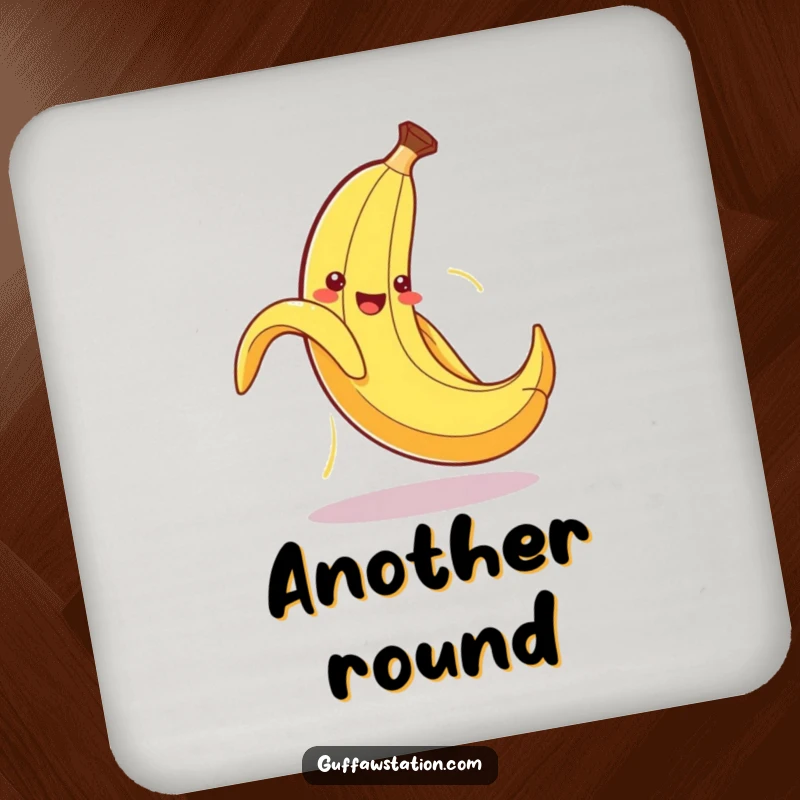 Funny coaster depicting a cute banana peel hilariously slipping on its own discarded peel, a moment of pure comedy.