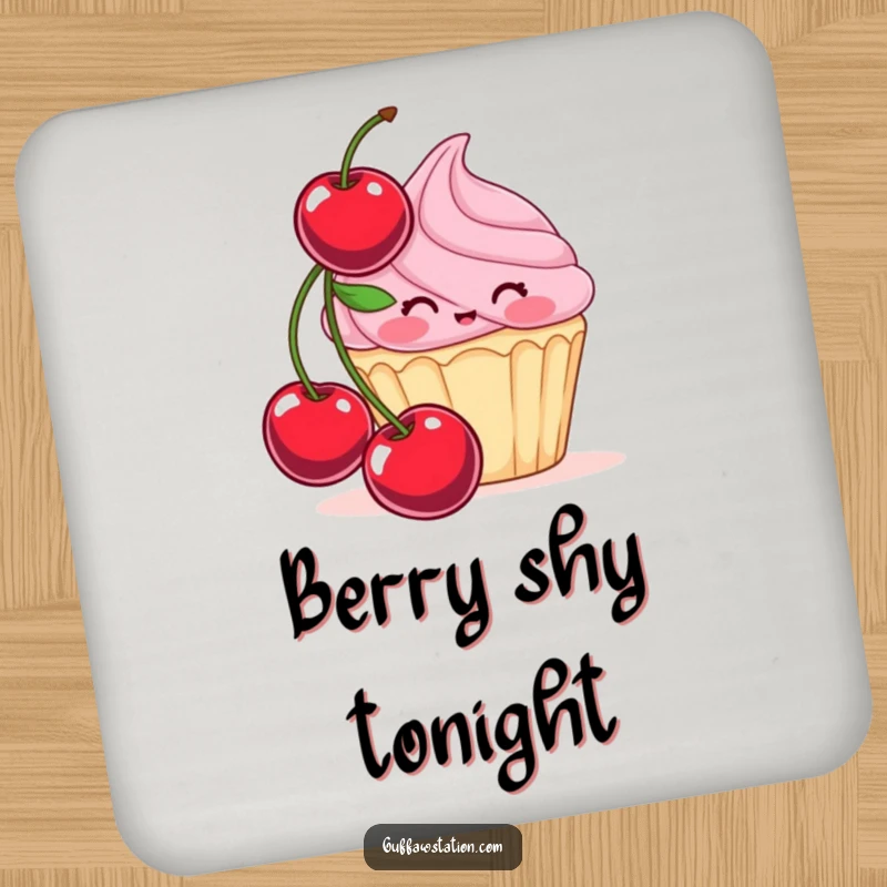 Funny drink coaster featuring a blushing cupcake hiding behind a large cherry, protecting surfaces with a touch of sweet, edible humor.