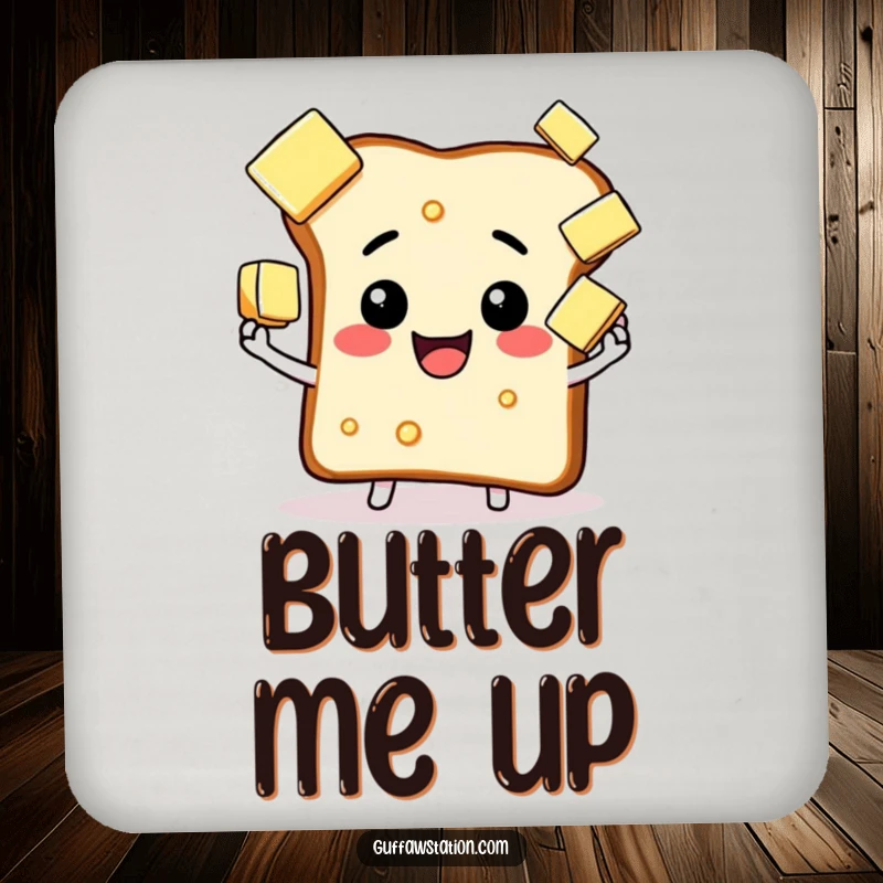 Funny happy toast juggling butter coaster, a humorous accessory for tables, showcasing a breakfast skill.