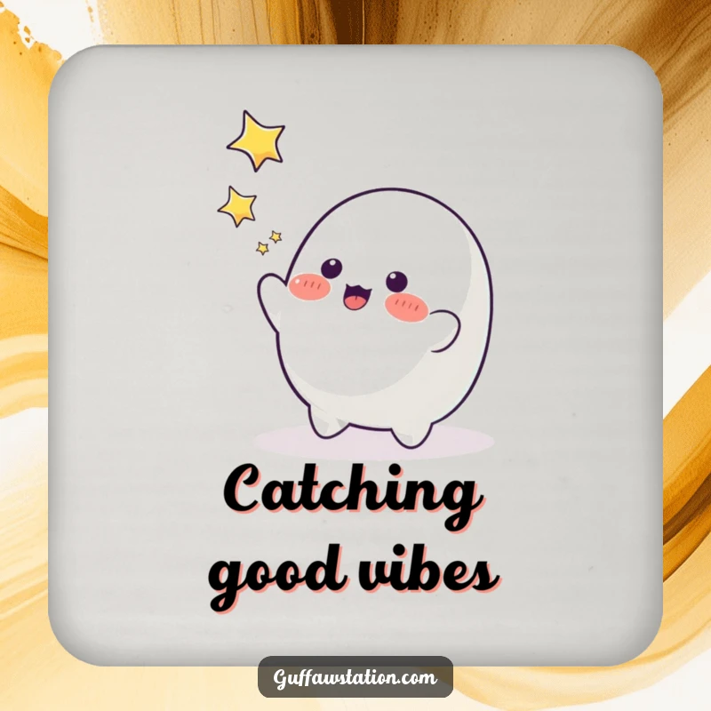 Funny blob character reaching for falling stars, a humorous drink coaster for cosmic flair.