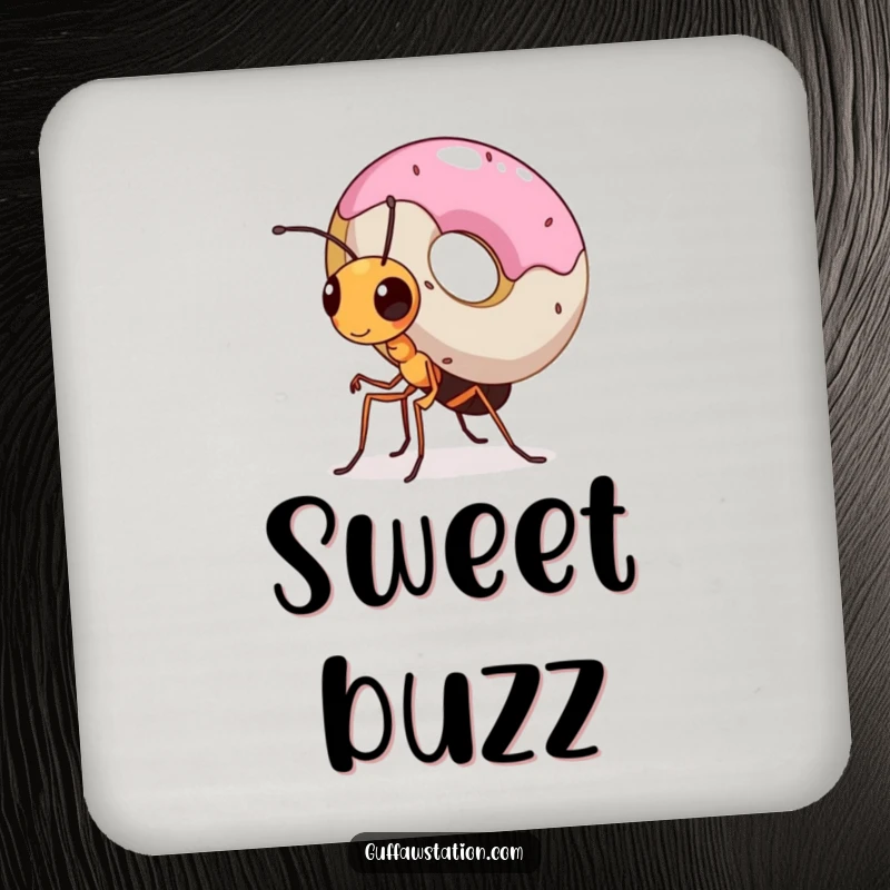 Funny coaster displaying a tiny, determined ant struggling to carry a giant donut, a charming symbol of great effort.