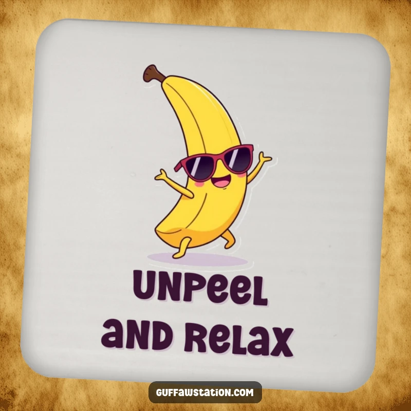 Funny happy banana wearing sunglasses, doing a cartwheel, on stylish and funny drink coasters.